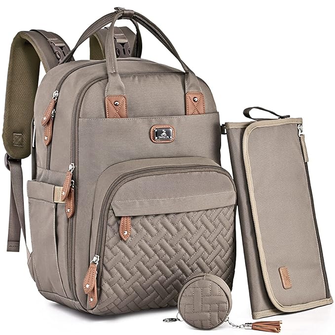 Dikaslon Diaper Bag Backpack with Portable Changing Pad, Pacifier Case and Stroller Straps, Large Unisex Baby Bags for Boys Girls, Multipurpose Travel Back Pack Moms Dads,Khaki