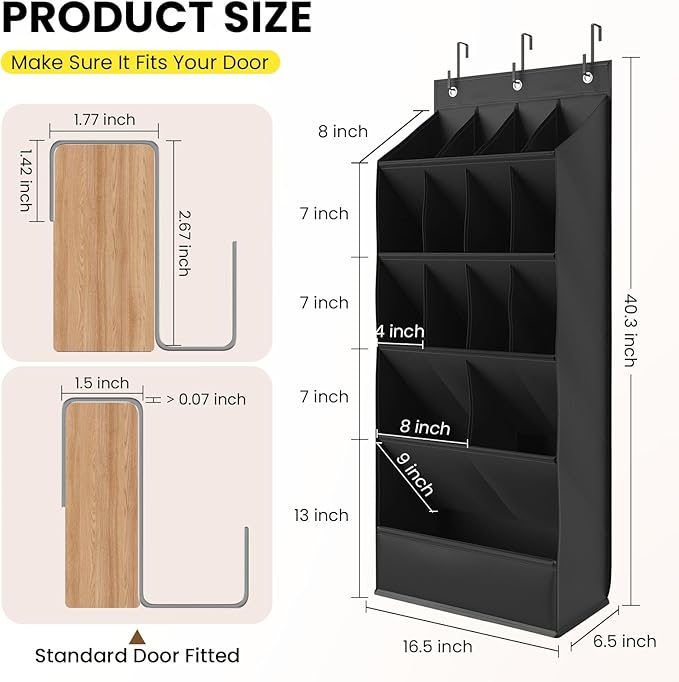 Over the Door Shoe Organizer for Closet, Shoes Rack for Closet with 15 Large Pockets, Hanging Shoe Organizers for Boot Storage, Behind the Door Narrow Shoe Holder for Small Shoes, Black
