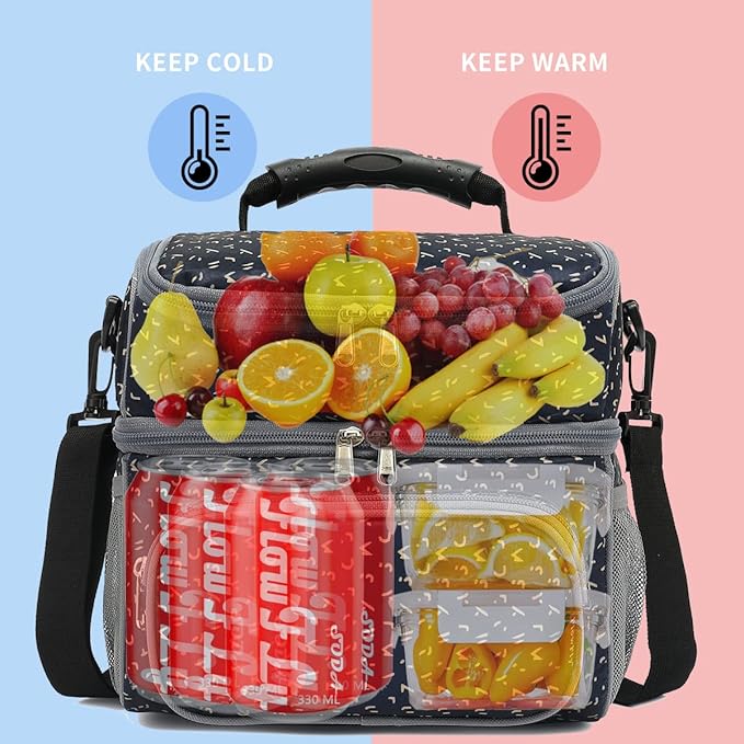 FlowFly Double Layer Cooler Insulated Lunch Bag Adult Lunch Box Large Tote Bag for Men, Women, With Adjustable Strap,Front Pocket and Dual Large Mesh Side Pockets