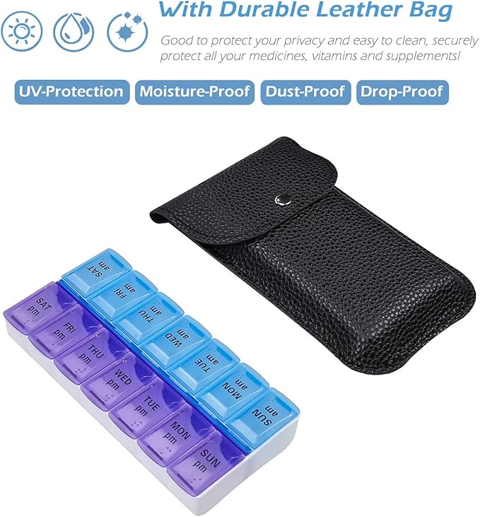 VOFOON Travel Pill Organizer 2 Times a Day, Large AM PM Pill Organizer 7 Day, PU Leather Daily Pill Box Case, Weekly Pill Medicine Organizer for Vitamins Medicine Fish Oils Supplements (L Size)