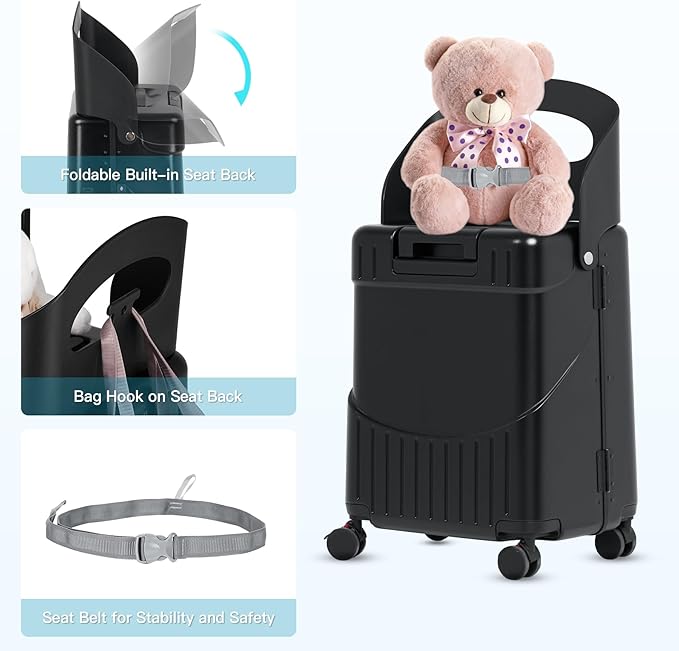 20" Carry-On Luggage with Seat for Kids & Adults, Lightweight Hardside Ride-On Suitcase with Front Opening, TSA Lock, 360° Spinner Wheels (Black, 20-inch)