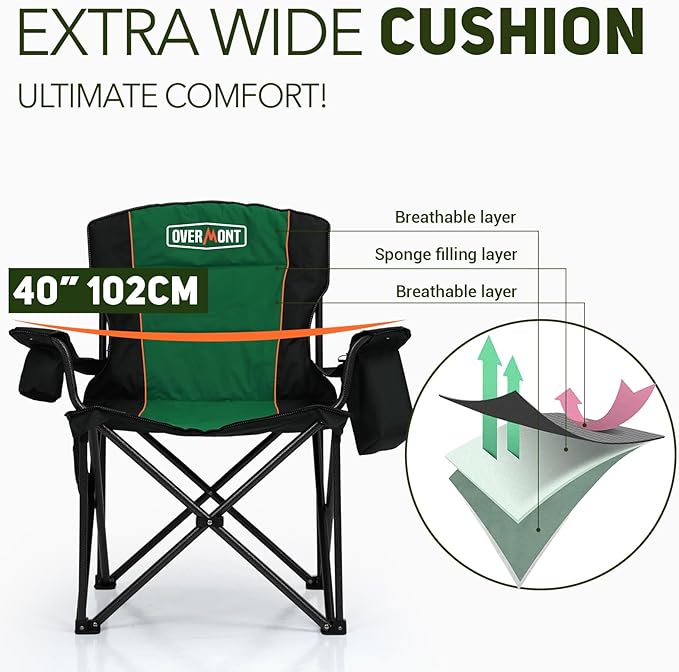 Overmont Oversized Folding Camping Chair - 450lbs Support with Padded Cushion Cooler Pockets - Heavy Duty Collapsible Chairs for Sports Garden Beach Fishing