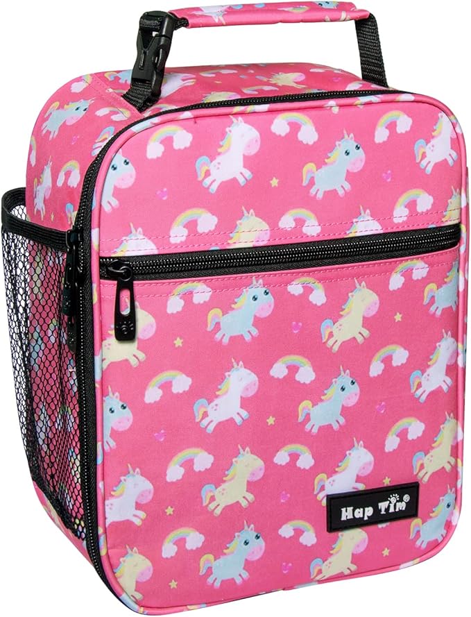 Hap Tim Lunch Box, Insulated Lunch Bags, Soft Mini Cooler Bag for Thermal Meal Tote Kit, Pink Unicorn Rainbow (18654-PKU)