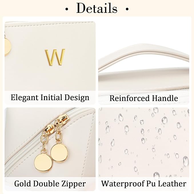 Birthday Gifts for Women Teen Girl, Personalized Initial Makeup Organizer Bag Set, Open Flat Travel Cosmetic Bag With Clear Divider and Handle(Beige,W)