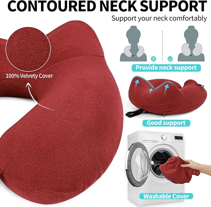 Inflatable Travel Neck Pillow for Airplane, Head Support Velvet Adult Neck Pillow for Long Flight, Kit with Eye Mask, Earplugs and Storage Bag,1, Red