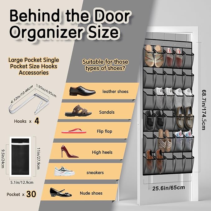 2PCS Over the Door Shoe Organizer with 30 Breathable Mesh Pockets - Large Capacity Closet Storage for Men & Women, Hanging Shoe Rack Organizer -Gray