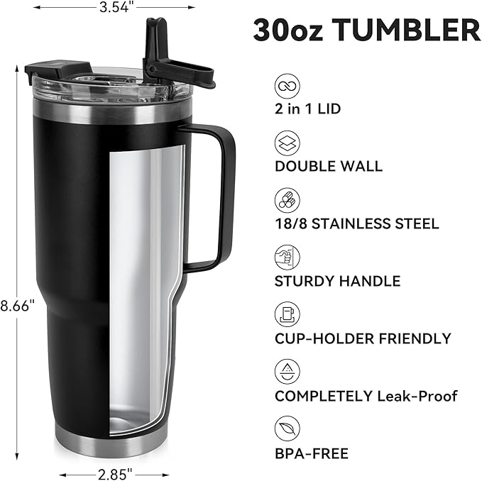 HASLE OUTFITTERS 30oz Tumbler Bulk with Handle, Insulated Travel Coffee Mug Set with Handle Leak-Proof Double Wall Stainless Steel Vacuum Tumblers Pack Metal Cup for Hot and Cold Drink