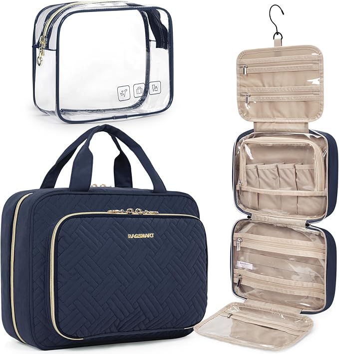 BAGSMART Toiletry Bag Hanging Travel Makeup Organizer with TSA Approved Transparent Cosmetic Bag Makeup Bag for Full Sized Toiletries, Large-Navy