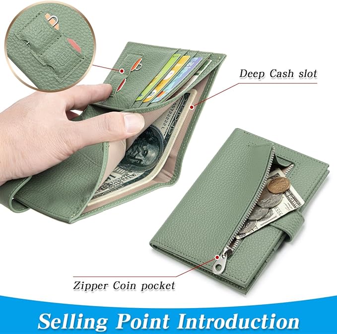 Passport Holder for Travel Women RFID Blocking Genuine Leather Passport Wallet with Card Slots, Zipper Coins Pocket, Cash Holder, Green