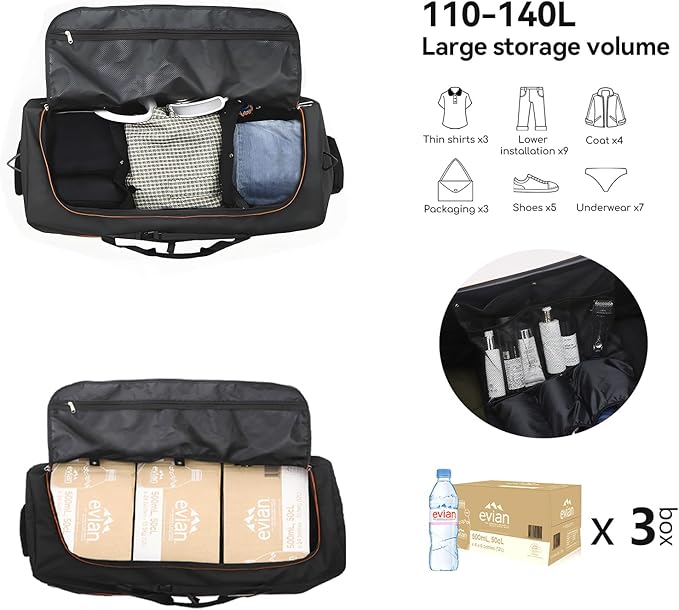 Rolling Duffle Bag with Wheels,110L/140L Expandable Soft-Sided Foldable Duffle Bag with 2 Rubber Wheels,Packable 32” Rolling Carry-On with Multi-Pockets & Compartments (Black Orange)