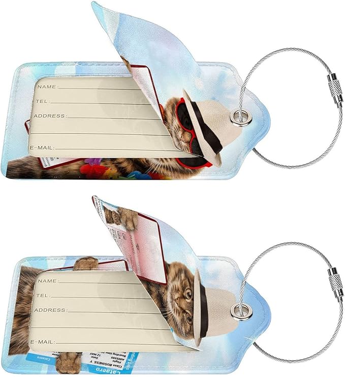 2 Pack Funny Cat Luggage Tags for Suitcases Women Men Kids, Bag Tags for Leather Luggage with Waterproof Suitcase Tags Privacy Cover Name ID Label Steel Loop for Travel Bag Suitcase (Funny Cat)