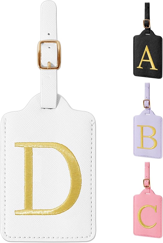 Personalized Initial Luggage Tags for Suitcase TSA Approved, White Leather Cute Luggage Tag with Privacy Cover Name Card, Embroidered Custom Luggage Tags Travel Baggage Tags Gifts for Women Kids(D)