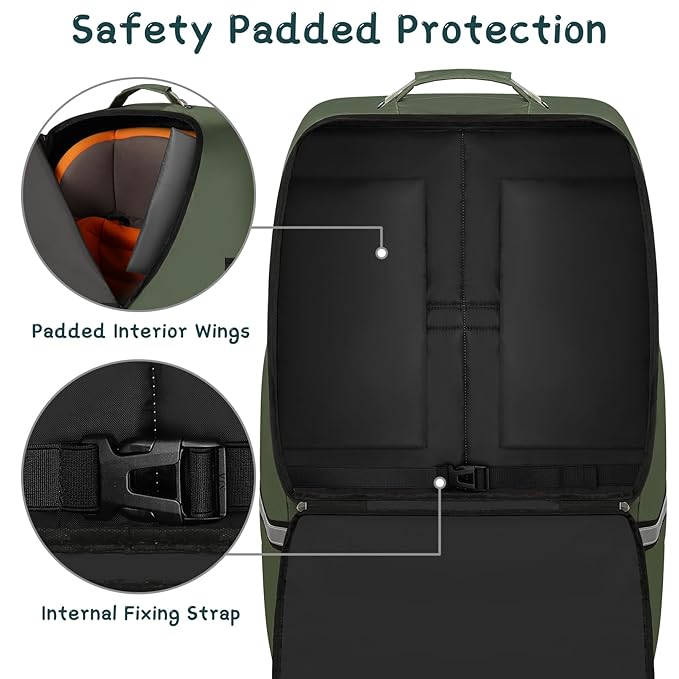 Car Seat Travel Bag,Padded Car Seats Backpack with Steel Cable Handle and Reflective Stripes, Large Durable Carseat Carrier Bag,Airport Gate Check Bag,Infant Seat Travel Bag with Shoulder Strap,Green
