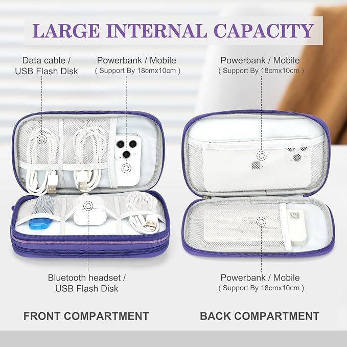 FYY Electronic Organizer, Travel Cable Organizer Bag Pouch Electronic Accessories Carry Case Portable Waterproof Double Layers Storage Bag for Cable, Cord, Charger, Phone, Large Size, Dark Purple