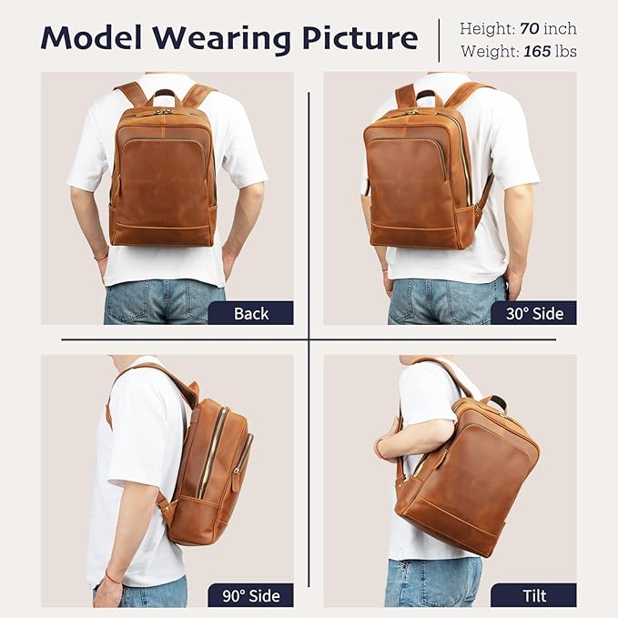 Leather Backpack for Men 15.6" Laptop Backpack 100% Madagascar top-Grain Leather Backpack Light Brown Medium Size