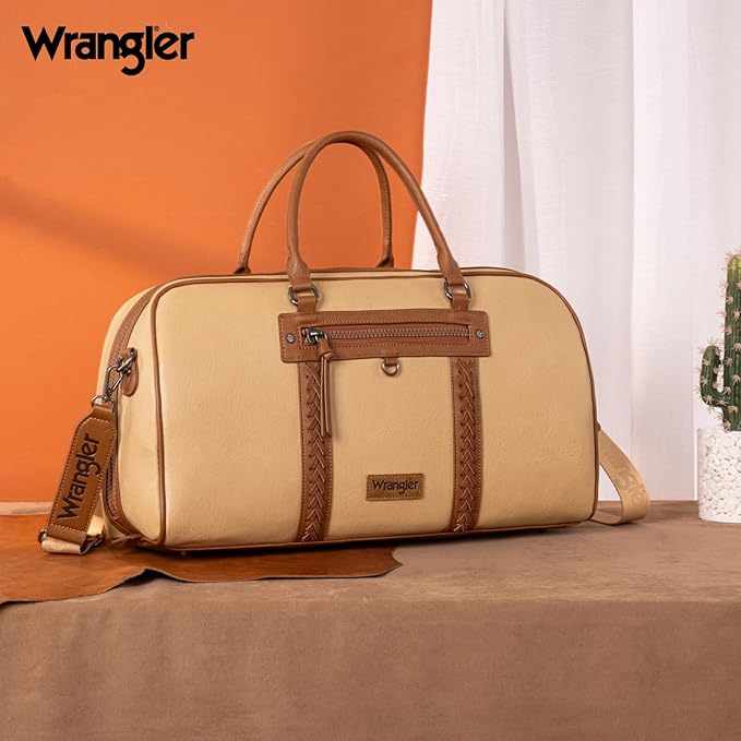 Wrangler Travel Duffel Bag Large Weekender Bag for Women Designer Carry on Overnight Bag for Trips Leather Luggage Bag Tan