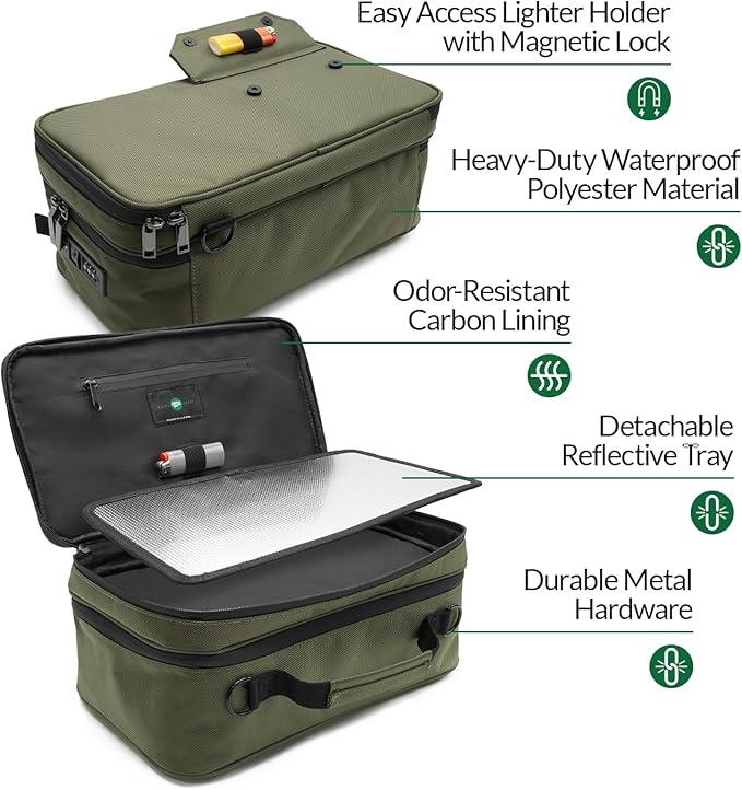 Large Storage Case with TSA Combination Lock Bag, Portable Carbon Lined, XL Medicine Lockable Box for Travel & Home Secured Box Organizer Divider Jars Accessories, Removable Tray (Green)