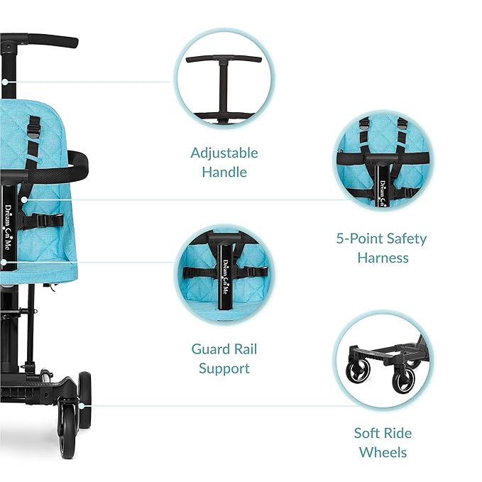 Dream On Me Lightweight and Compact Coast Rider Stroller with One Hand Easy Fold, Adjustable Handles and Soft Ride Wheels, Sky Blue