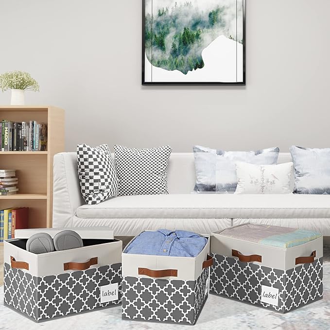 Large Storage Bins with Lids, Foldable Fabric Storage Baskets with Lids, Sturdy Storage Boxes with Labels and 3 PU Handles for Closet Home Bedroom Office (26L, 3 Packs, Grey Plaid&White)