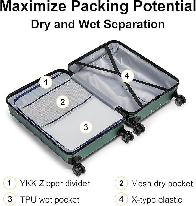 KYME Green Carry On Luggage 22x14x9 Airline Approved Expandable 20 Inch Hardshell Carry On Suitcase with Wheels TSA Lock Small Travel Rolling Luggage with Cup Holder for Men Women