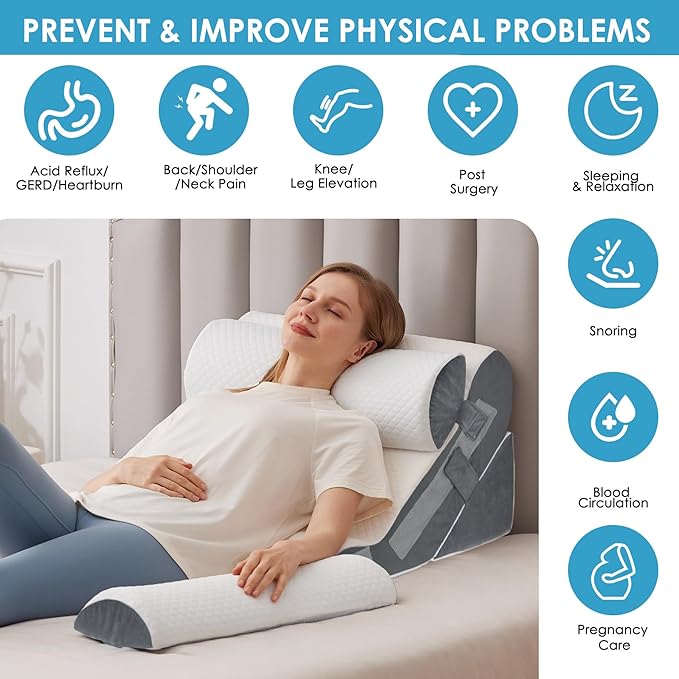 4PCS Bed Wedge Pillow for Headboard, Adjustable Wedge Pillow for Sleep Apnea, 23” Wide Triangle Pillow Wedge Set for After Surgery, Acid Reflux Relief, Snoring, Neck&Back Support, White/Grey