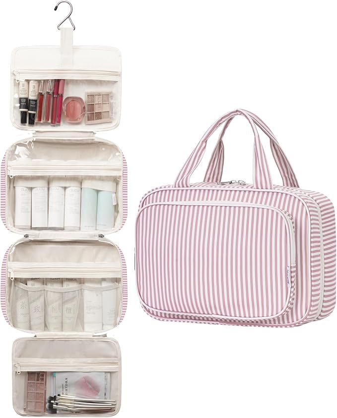 Narwey Striped Travel Toiletry Bag for Women Large Hanging Makeup Bag Organizer Toiletries Bag for Full Size Essentials Accessories Cosmetics (Dusty Pink Stripe (Large))