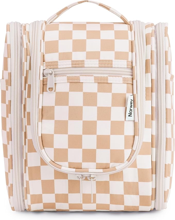 Narwey Small Checkered Hanging Travel Toiletry Bag for Women, Travel Bag for Toiletries, Makeup Bag Organizer Cosmetic Bags Make Up Bags for Women (Light Checkerboard)