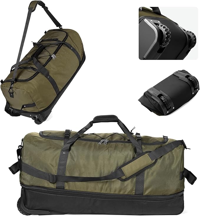 CONTAIL 32" Soft-Sided Rolling Duffle Bag with 2 Wheels,Expandable from 110L to 140L, Foldable Travel Duffel with Multiple Compartments,Army Green