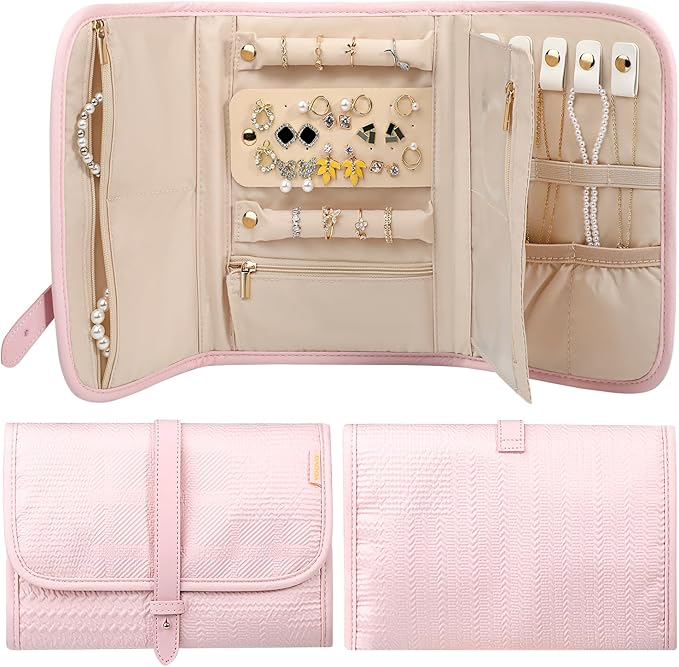 Voova Travel Jewelry Holder Organizer Case, Large Jewelry Storage Bag for Women Girls, Foldable Traveling Jewellery Pouch Roll for Necklaces Rings Earrings Bracelets, Light Pink