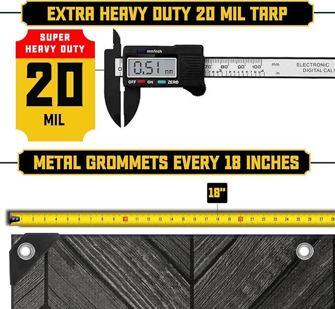 Core Tarps Extreme Heavy Duty 20 Mil Tarp Cover, Waterproof, UV Resistant, Rip and Tear Proof, Poly Tarpaulin with Reinforced Edges for Roof, Camping, Patio, Pool, Boat (Grey Wood/Black 10′ X 20′)