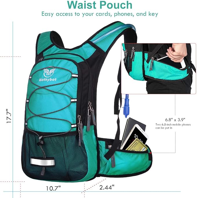Insulated Hydration Backpack Pack with 3L BPA Free Leak Proof Water Bladder, Large Storage Lightweight Hiking Daypack with Waist Pouches & Cooler Layer, for Running, Biking, Camping, Festival