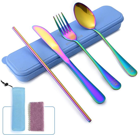 Boulder Bee | Travel Utensils Set | Reusable Camping Cutlery Set | Stainless Steel Flatware Set | Portable Silverware Set with Case | Includes Knife/Fork/Spoon/Straw/Cleaning Cloth/Case (Rainbow)