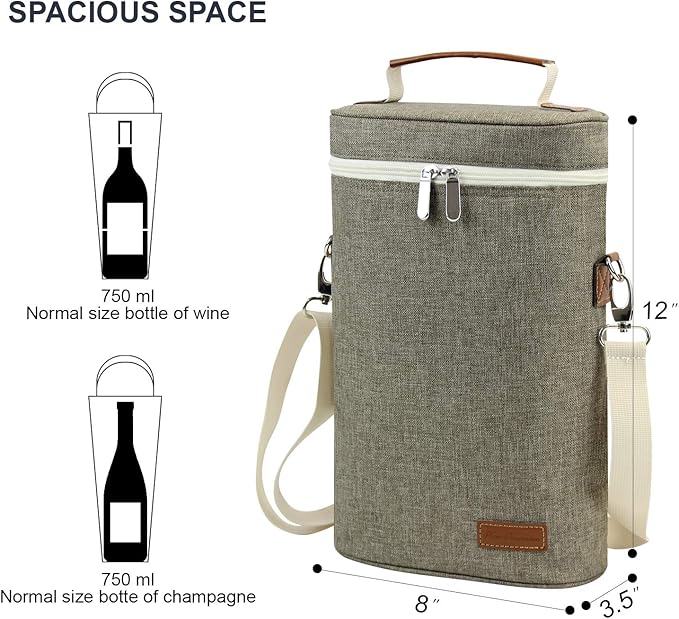 ZORMY 2 Bottle Insulated Wine Carrier Bag for Travel, Wine Carrier Tote Cooler Bag with Shoulder Strap & Corkscrew Opener, Perfect Wine Lover's Gift, Great for Picnics and Outdoor Entertaining