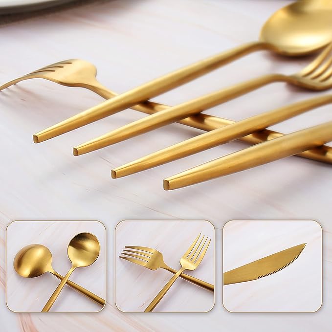 60-Piece Stainless Steel Flatware Set - Matte Gold, Dishwasher Safe, Includes Knives, Spoons, Forks, Satin Finish