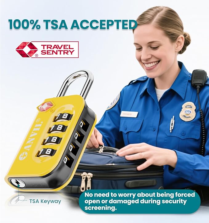 ANVIL TSA Approved Luggage Lock - 4 Digit Combination, 10,000 Combinations, Easy-Read Password Window, Travel Lock for Suitcases, Backpacks, Gym & Student Lockers, Baggage