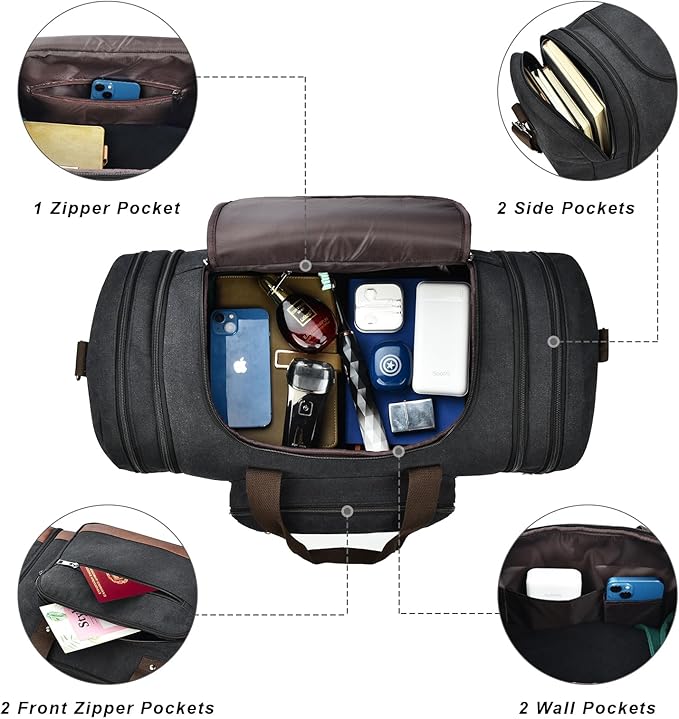 Litvyak Duffle Bag for Travel, Large 60L Canvas Travel Duffel Bags Overnight Weekend Gym Carry On Luggage Bag for Men & Women(Black)