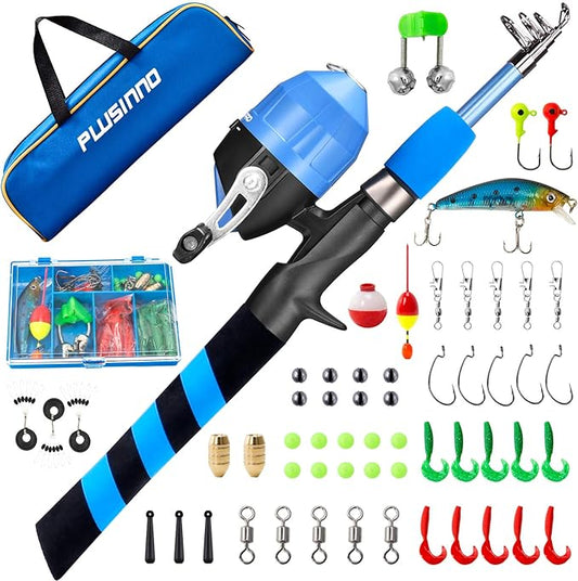PLUSINNO Kids Fishing Pole, Portable Telescopic Fishing Rod and Reel Combo Kit - with Spincast Fishing Reel Tackle Box for Boys, Girls, Youth