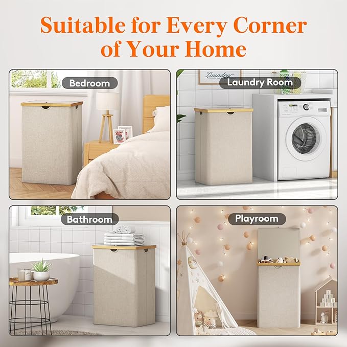 Lifewit 170L Triple Laundry Hamper with Lid, Extra Large Bamboo Laundry Basket Dirty Clothes Hamper,3 Section Laundry Bin Organizer for Laundry Room Bedroom with 3 Removable Liners & Bags, Beige