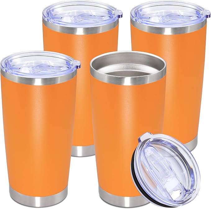 20oz Tumbler Stainless Steel Tumbler Cup with Lid Vacuum Insulated Double Wall Travel Mug, Durable Powder Coated Travel Coffee Tumbler Mug for Hot & Cold Drinks,Orange,4 Pack