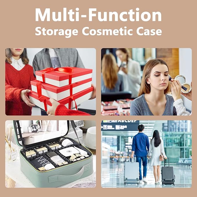 Travel Makeup Bag for Women and Makeup Artists Cosmetic Organizer Large Makeup Case,Travel Makeup Bag with Mirror 3 Color Setting,Portable Storage and Adjustable Dividers(khaki)