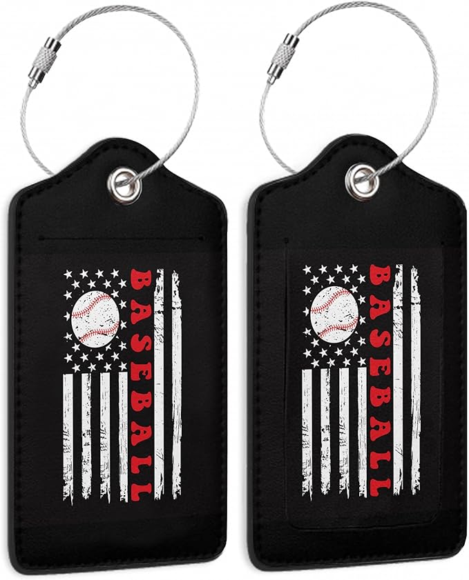 2 Pack Leather Luggage Tag for Suitcase Vintage Baseball American Flag Unique Travel Tags with Privacy Cover ID Label & Stainless Steel Loop for Men and Women Baggage