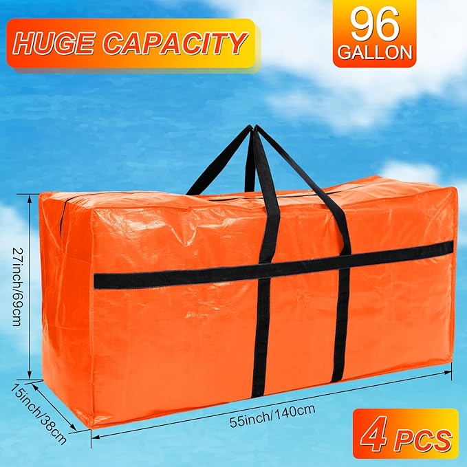 4 Pcs 96 Gallon Large Moving Bags with Zipper and Handles Foldable Storage Duffle Bags Heavy Duty Extra Large Totes for College Dorm Travel Clothes Blankets Bedding Moving (Orange)