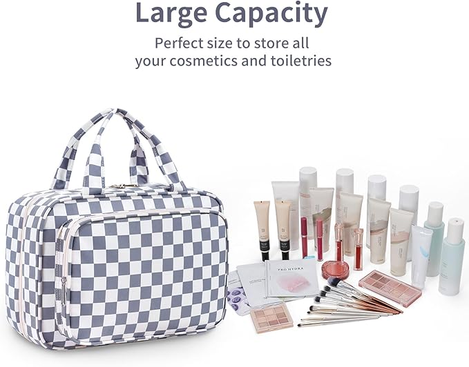 Narwey Travel Toiletry Bag for Women Large Hanging Makeup Bag Organizer Toiletries Bag for Full Size Essentials Accessories Cosmetics (Grayish Blue Checkerboard (Large))