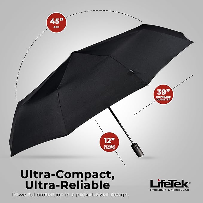 LifeTek Premium Travel Umbrella - Windproof & Compact for Men & Women, Automatic Open Close, Fits in Purse Laptop Bag or Backpack, Strong Frame for Heavy Rain & Sun UV Protection