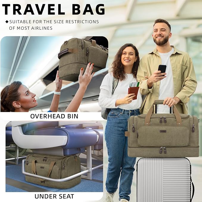 ZOMFELT Duffle Bag for travel, 40L Canvas Travel Duffel Bags for Men Women, Water Resistant Overnight Weekender Bag with Toiletry Bag & Shoe Compartment, Carry on Luggage Bag for Travel, Gym, Green