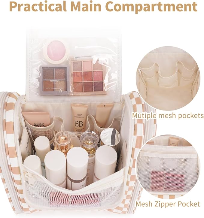 Narwey Checked Hanging Travel Toiletry Bag for Women, Travel Bag for Toiletries, Makeup Bag Organizer Cosmetic Bags Make Up Bags for Women (Light Checkerboard)