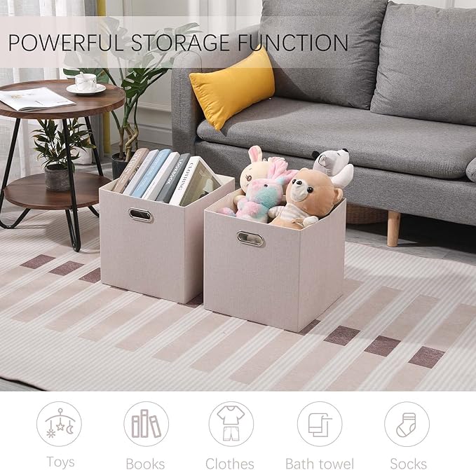 Cube Storage Bins 13×13 Linen Foldable Box with Handles, Collapsible Organization Basket Set of 4 Large Capacity Drawer for Closet Shelf Cabinet Bookcase Bedroom, Beige Sepia