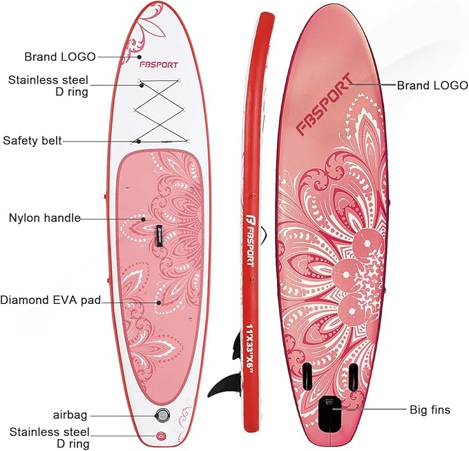 FBSPORT 11' Premium Stand Up Paddle Board, Yoga Board with Durable SUP Accessories & Carry Bag | Wide Stance, Surf Control, Non-Slip Deck, Leash, Paddle and Pump for Youth & Adult