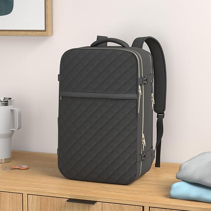 MOMUVO Large Travel Backpack Women, Flight Approved Carry On Backpack, Water Resistant Anti-Theft Casual Daypack School Bag Fit 17 Inch Laptop with USB Charging Port, Black