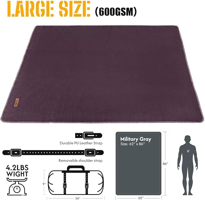 100% Wool Blanket, 62" x 86", Warm, Thick, Washable, Military Wool Blanket, Great for Camping, Outdoors, Sporting Events, Survival Kits, Plum